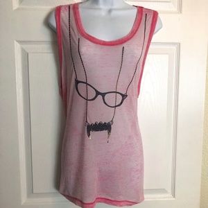 Guess Pink Burnout Tee with Hanging Glasses and Gold Dipped Mustache
